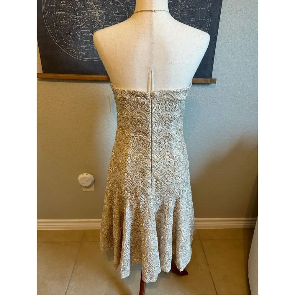 NWT Y2K Badgley Mishcka Strapless Lace Ivory Gold Midi Dress Women Size 6 SC1280